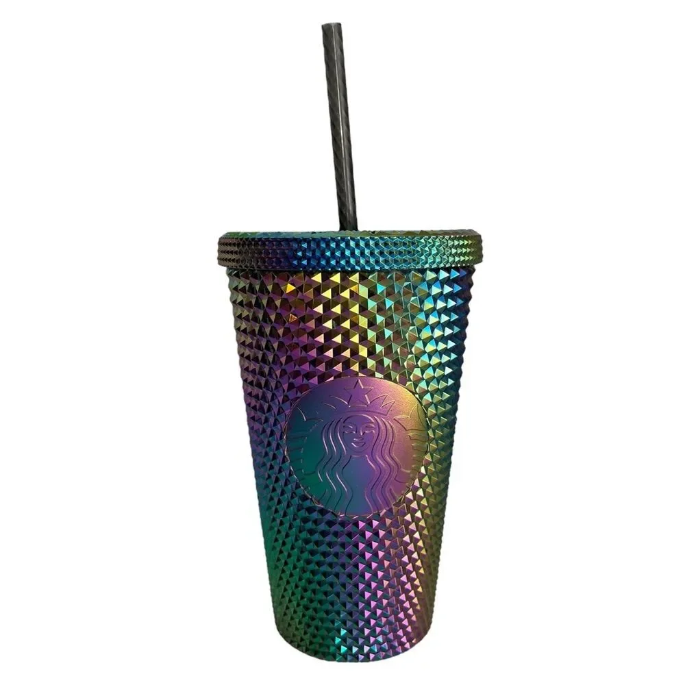 NWT Starbucks OIL SLICK Cold Cup Grande BLACK BLING Tumbler Rainbow Studded 2023